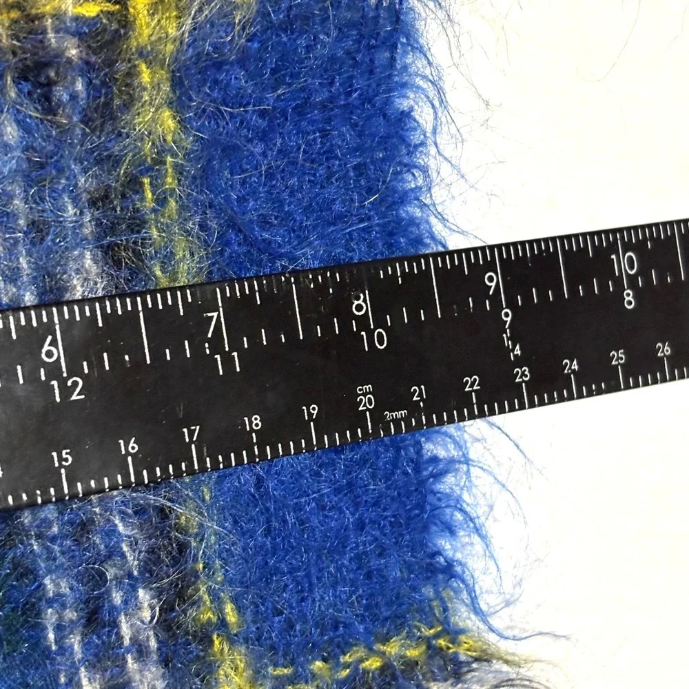 Vtg Glentana Scarf Unisex OS Blue Mohair Wool Plaid Made Scotland Fuzzy Tartan
